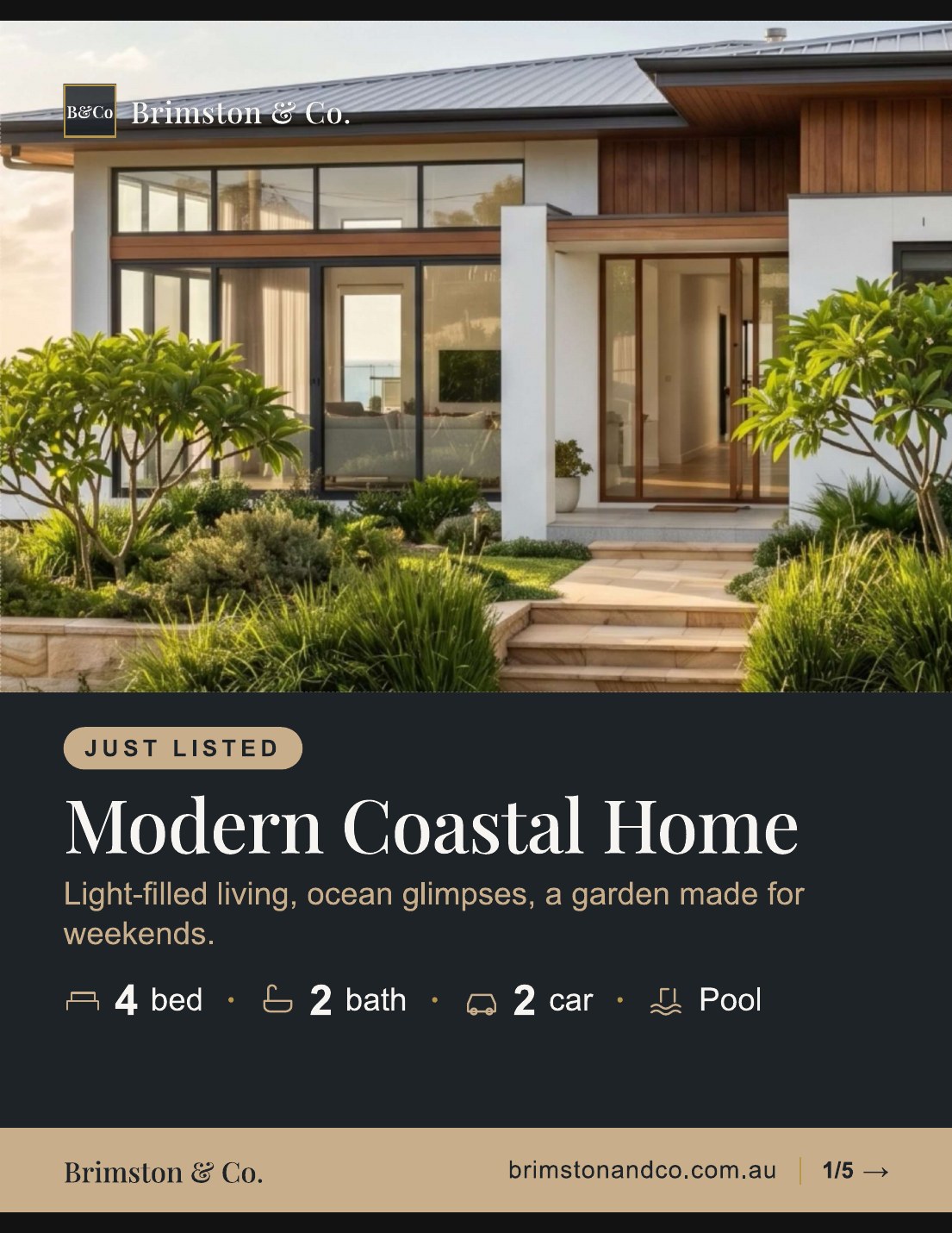 Canva carousel page 1 of 5 — example listing design